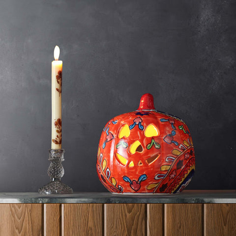 Ceramic Pumpkin Tea Light Candle Holder, Orange, 8x9