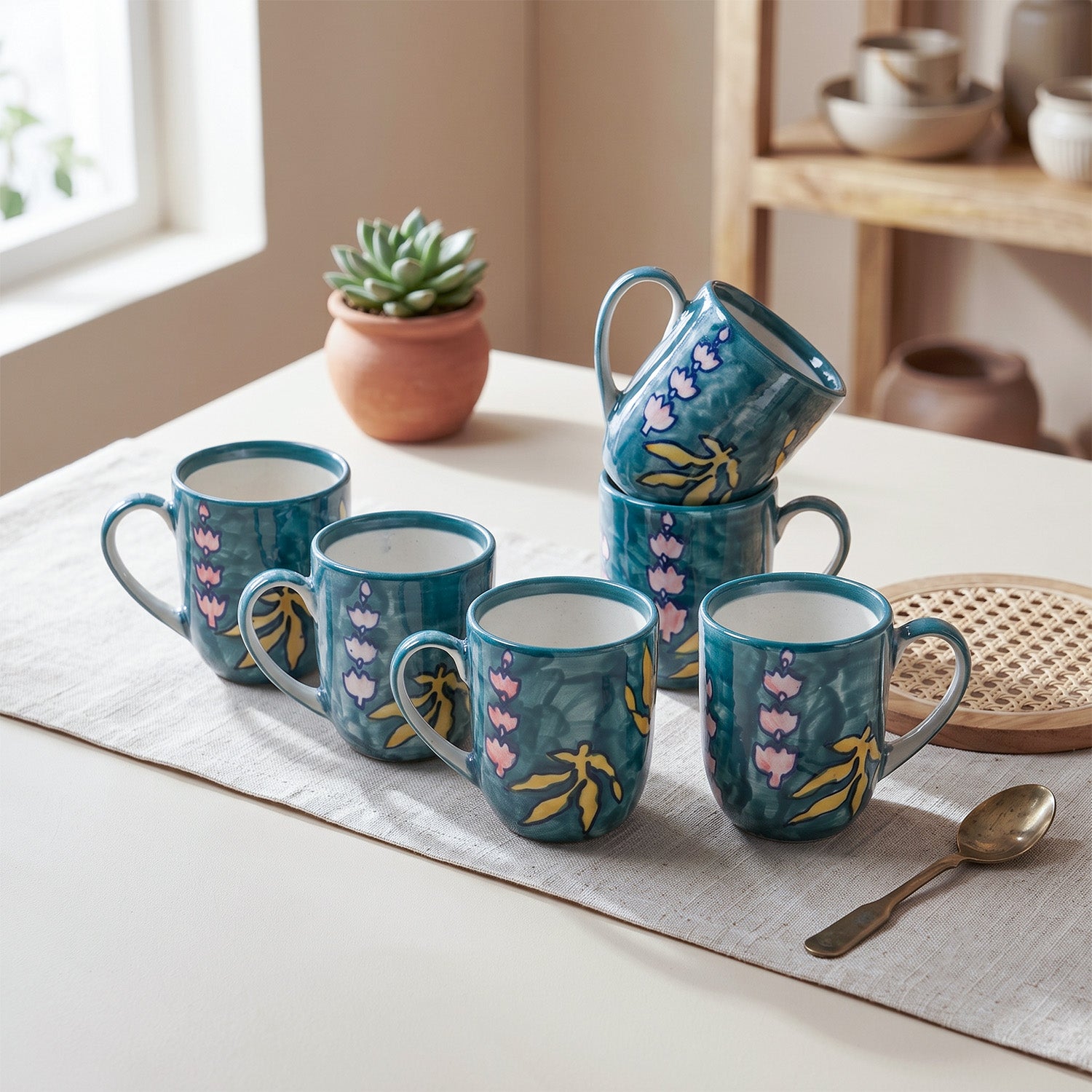 Handpainted Ceramic Mug Set Blue-Green - 250ml