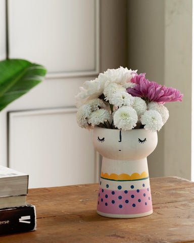 White Ceramic Vase, Pink Block & Yellow Edge - Eyaas