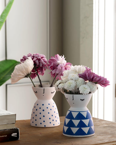 Ceramic Flower Vase, Set of 2, Dot & Triangle - Eyaas