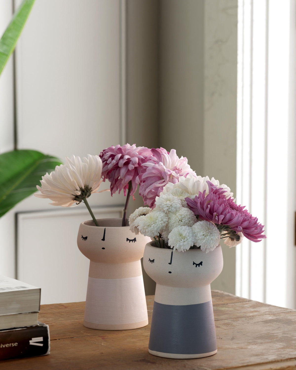 Ceramic Vase Set of 2, White & Grey Block - Eyaas