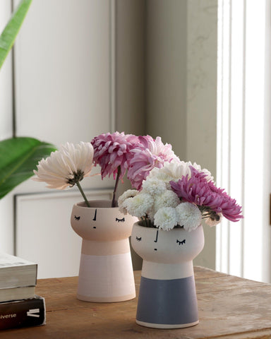 Ceramic Vase Set of 2, White & Grey Block - Eyaas