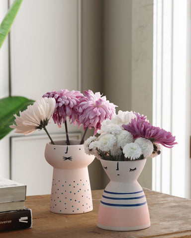 Ceramic Vase, Set of 2, Pink Block & Blue Dots - Eyaas