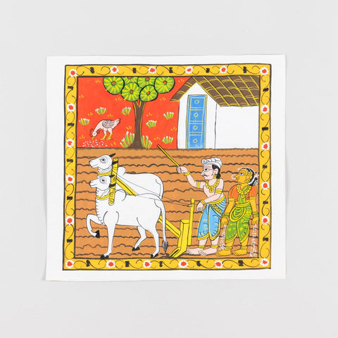 Cheriyal Painting Bull on Field 11.5x11.5 - Eyaas