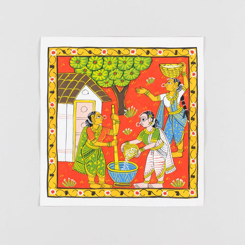 Cheriyal Painting Women Carrying Grains 11.5x11.5 - Eyaas