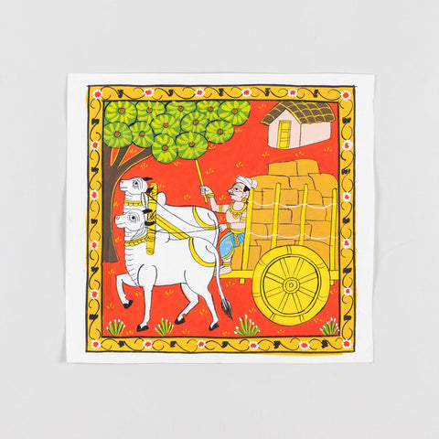 Cheriyal Painting Man Riding Bullock Cart 11.5x11.5 - Eyaas
