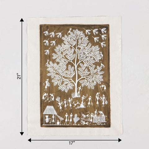 Busy Day Warli Tree of Life Painting, 17x21 - Eyaas