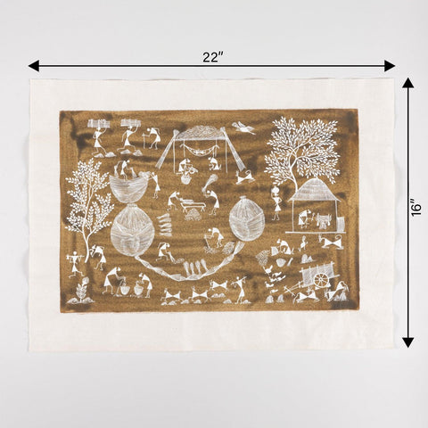 Warli Painting Crop Harvest & Granary - 16x22 - Eyaas