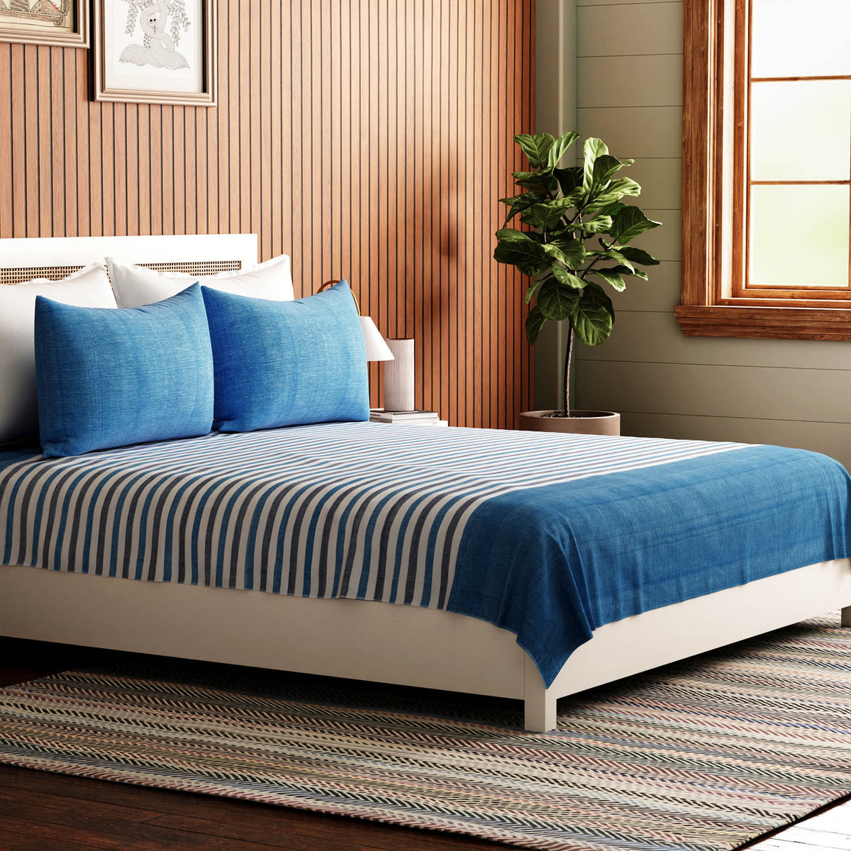 Hand Woven Striped Bed Cover with Pillow Cover in Blue & White - 90x108