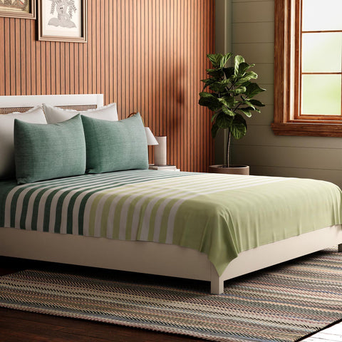 Striped King-size Bed Cover & Pillow Cover, Lime Green - Eyaas