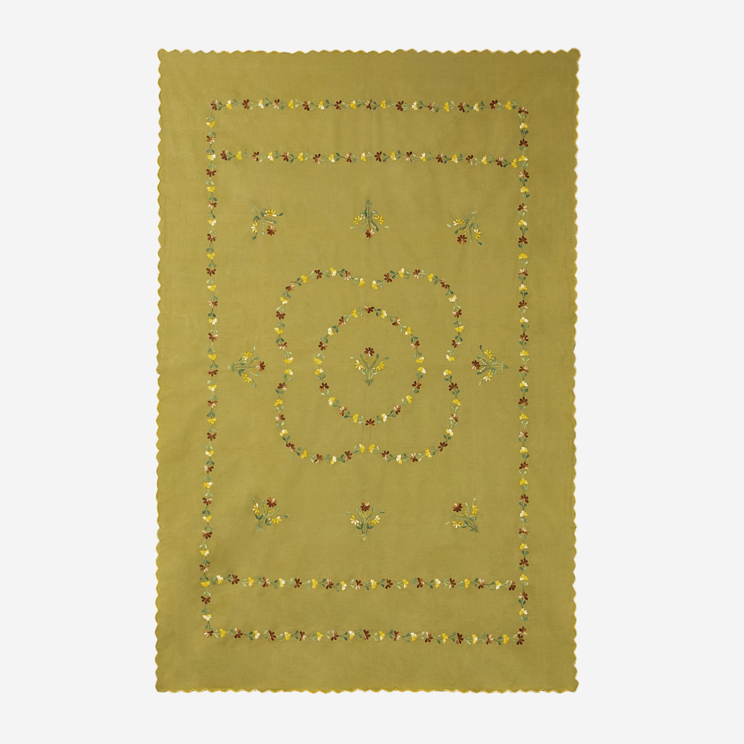 Hand Embroidered Single Bed Cover - Olive/Brown