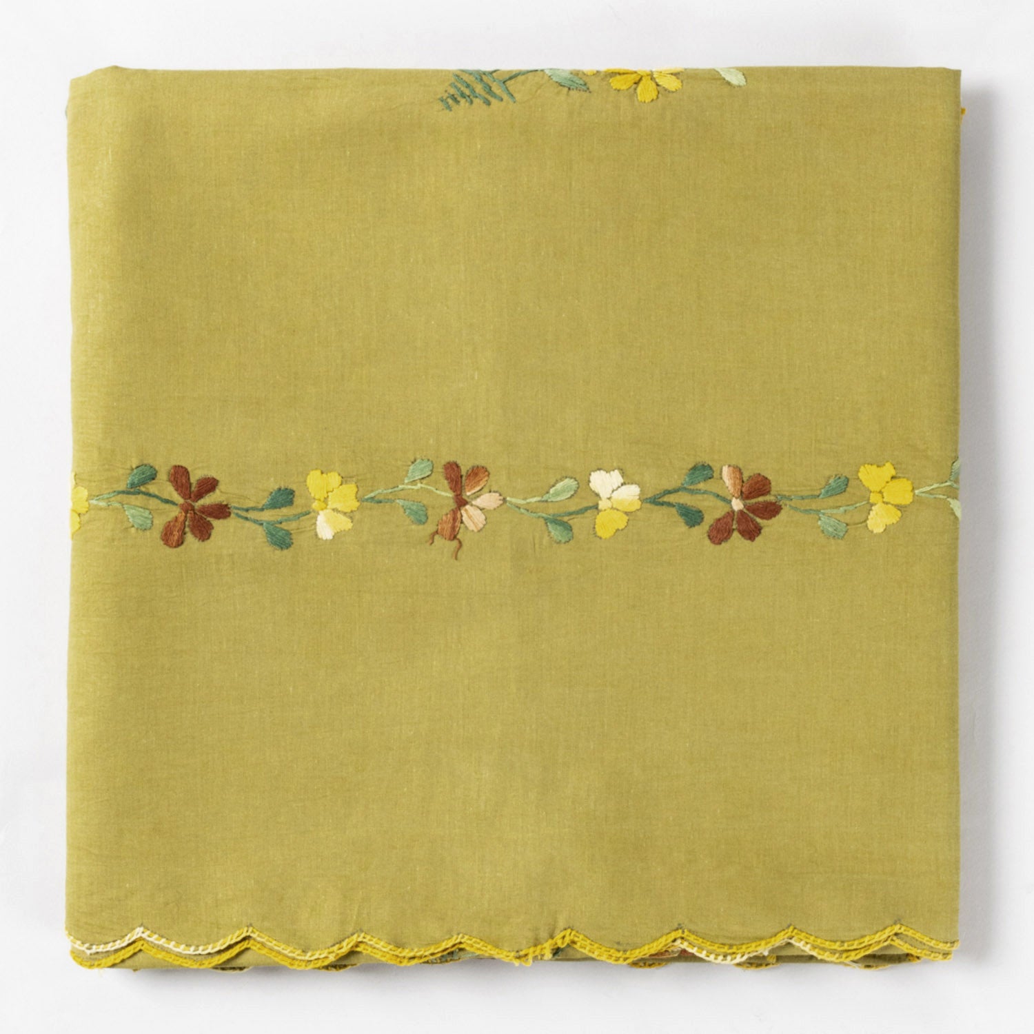 Hand Embroidered Single Bed Cover - Olive/Brown