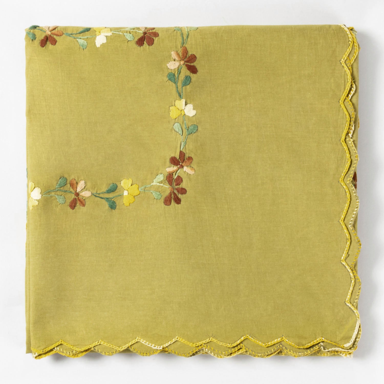 Hand Embroidered Single Bed Cover - Olive/Brown
