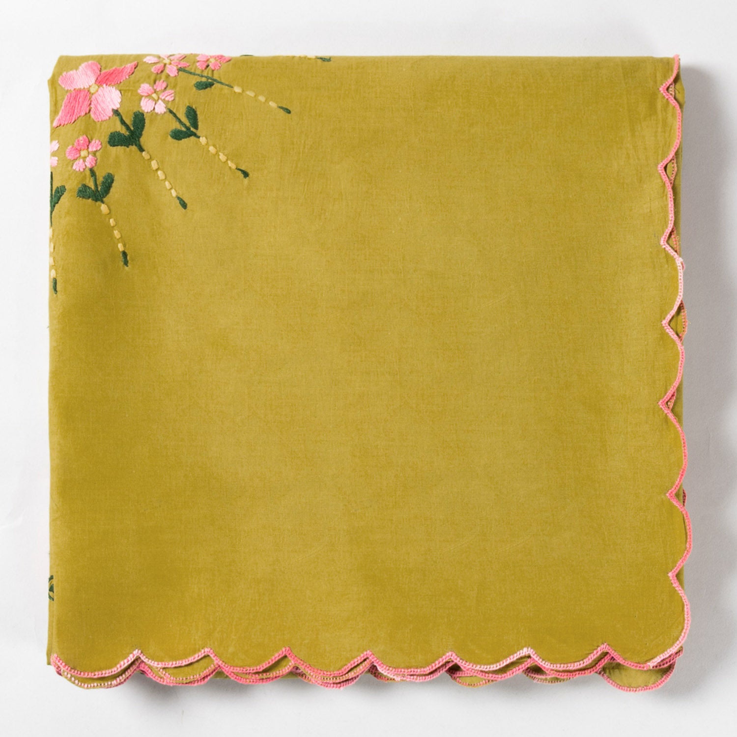 Hand Embroidered Single Bed Cover - Olive/Pink