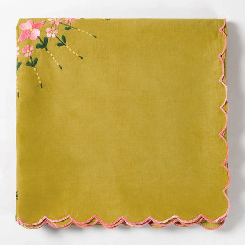 Hand Embroidered Single Bed Cover - Olive/Pink - Eyaas