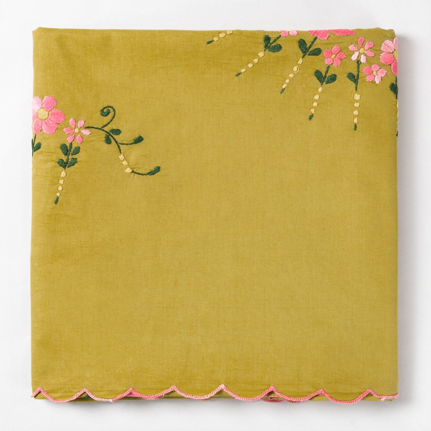 Hand Embroidered Single Bed Cover - Olive/Pink