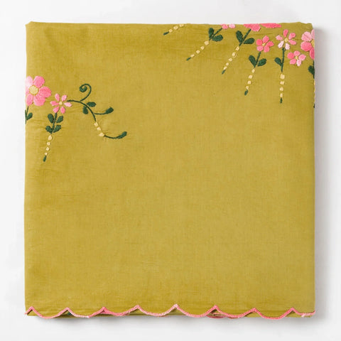 Hand Embroidered Single Bed Cover - Olive/Pink - Eyaas