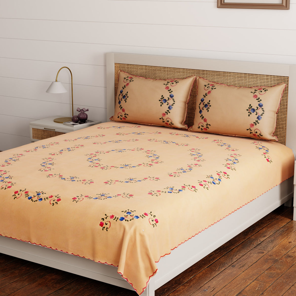 Hand Embroidered Bed Cover - Peach