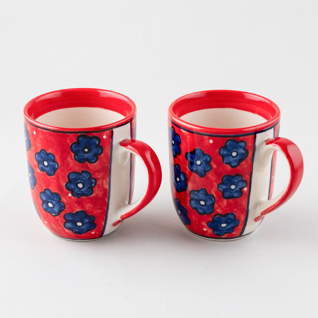 Red Floral Ceramic Coffee Mug - Set of 2 (3 x 3.75 inches)