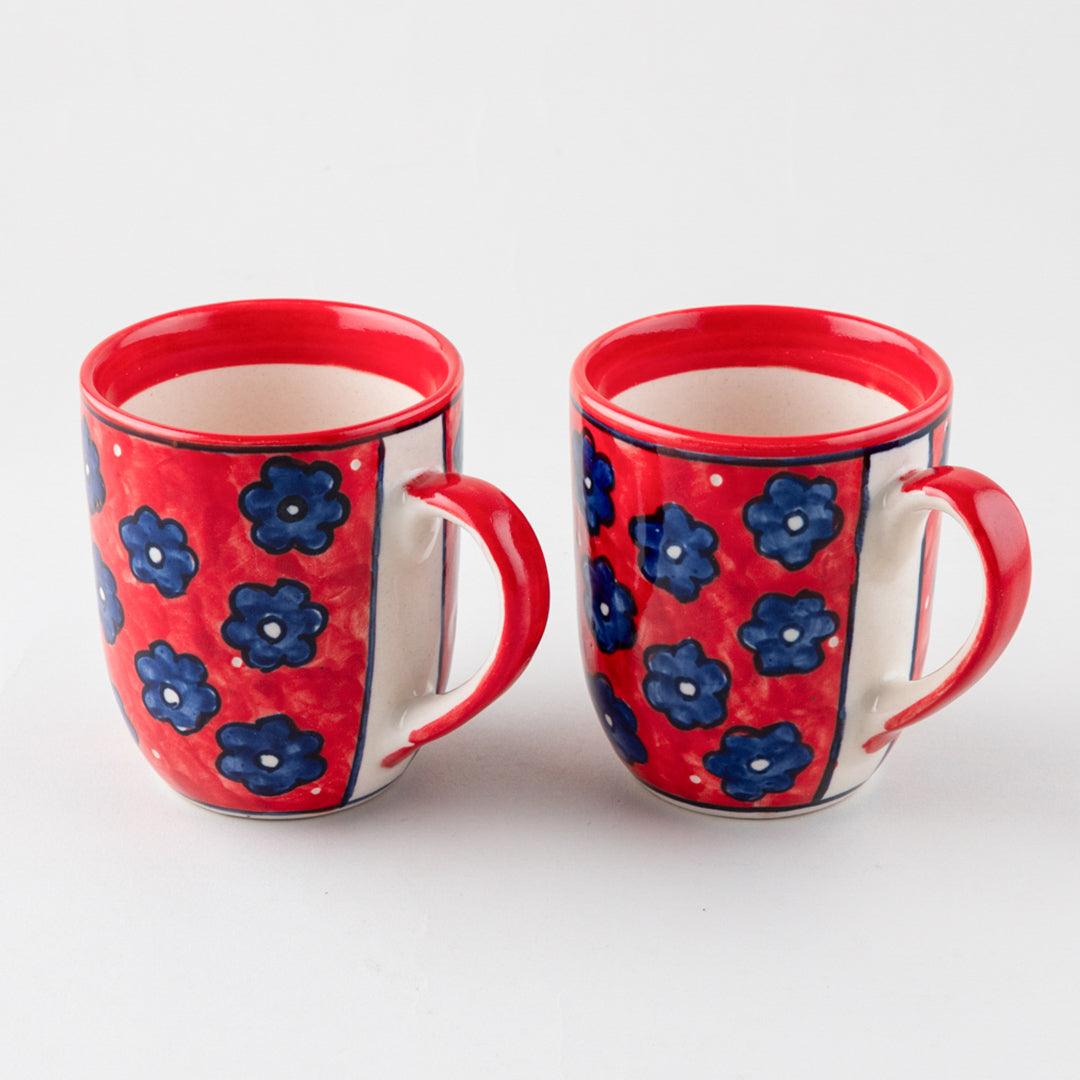 Floral Ceramic Coffee Mug Set of 2, Red, 3x3.75 - Eyaas