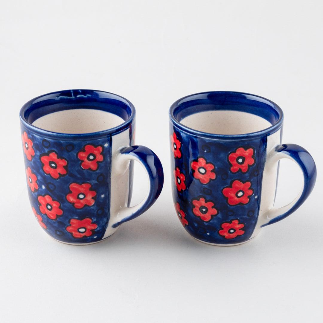 Blue Floral Ceramic Mugs, Set of 2, 3x3.75 inches - Eyaas