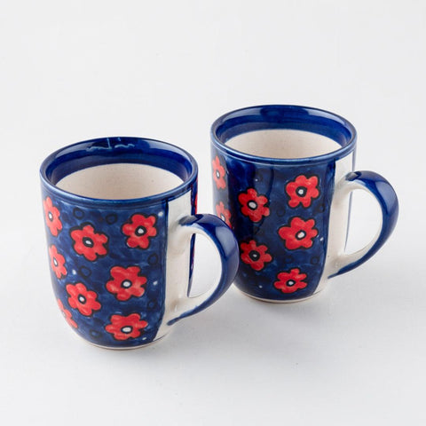 Blue Floral Ceramic Mugs, Set of 2, 3x3.75 inches - Eyaas