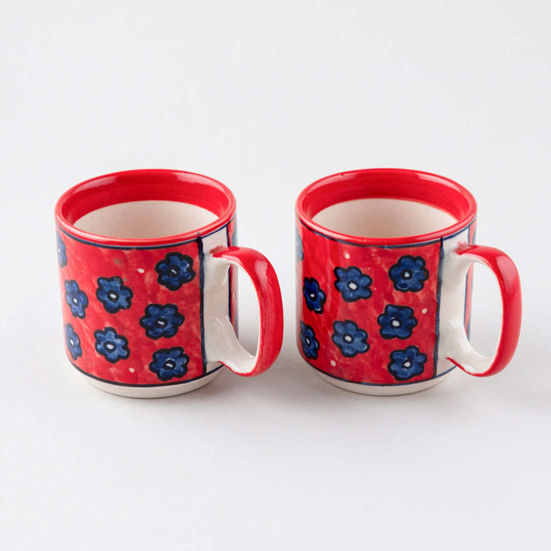 Red Floral Ceramic Coffee Mug - Set of 2 (Small)