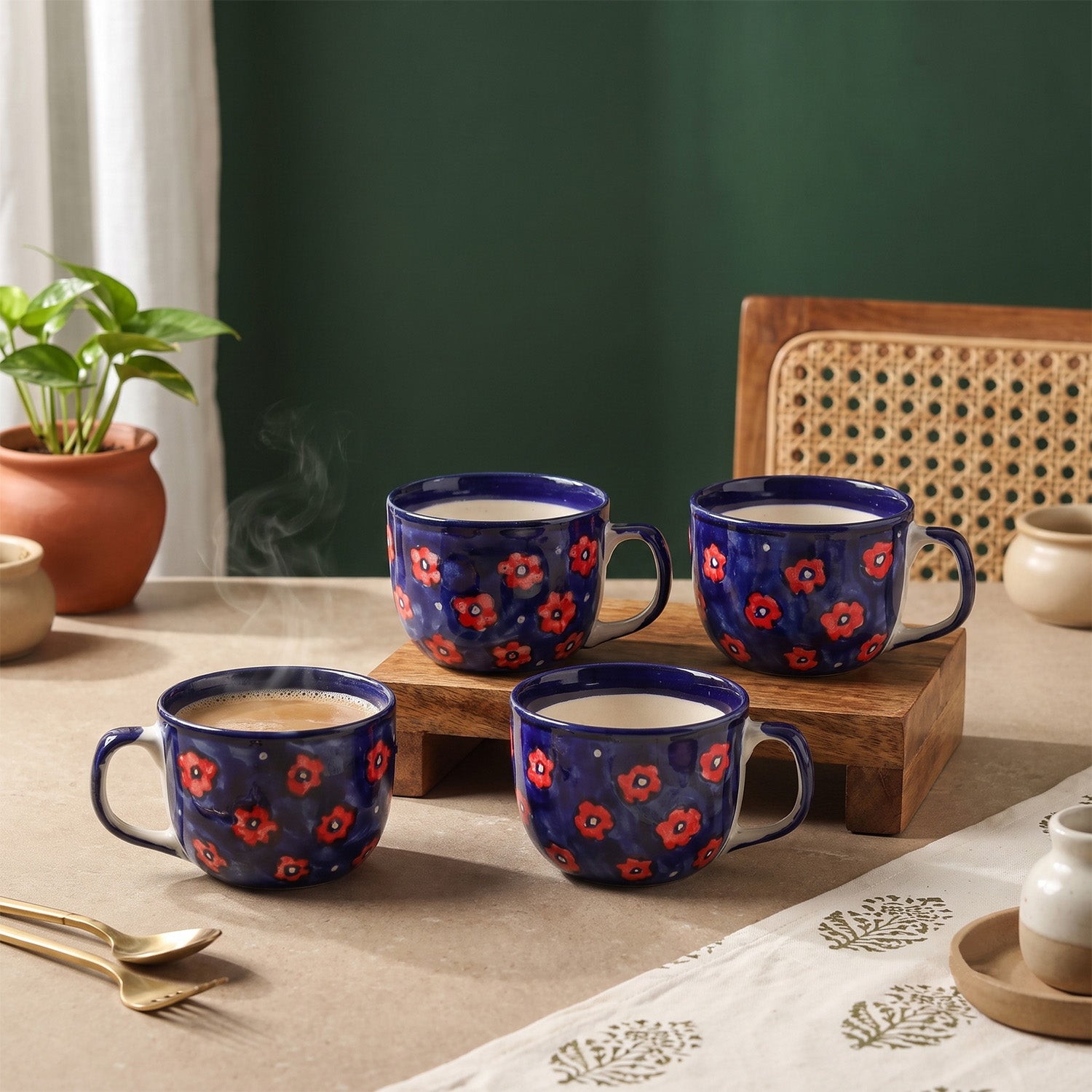 Floral Ceramic Soup Bowl Style Mug Set, Blue