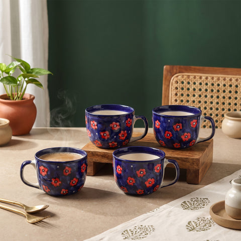 Floral Ceramic Soup Bowl Style Mug Set, Blue