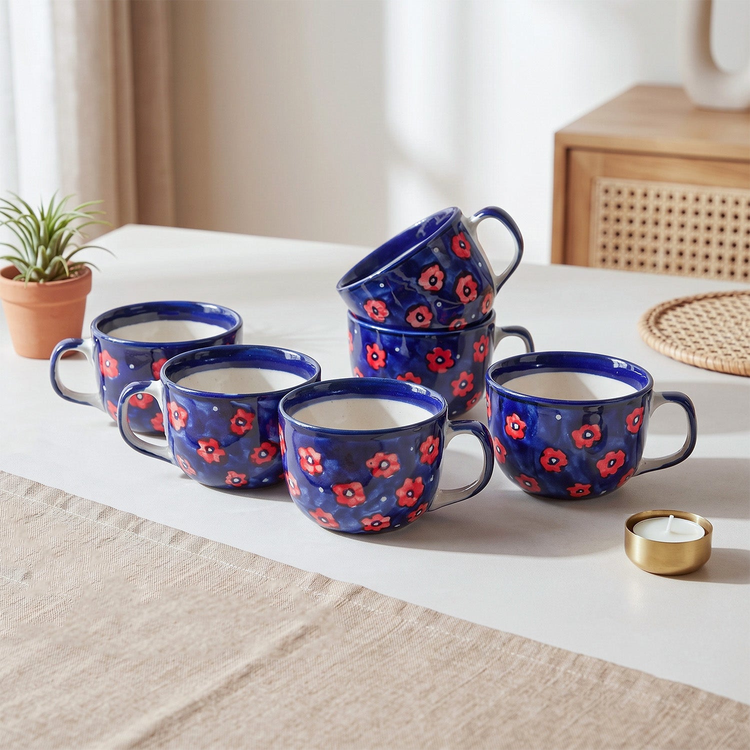 Floral Ceramic Soup Bowl Style Mug Set, Blue