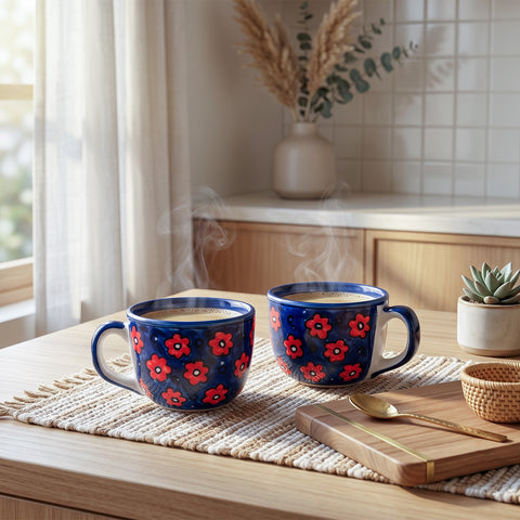 Floral Ceramic Soup Bowl Style Mug Set, Blue