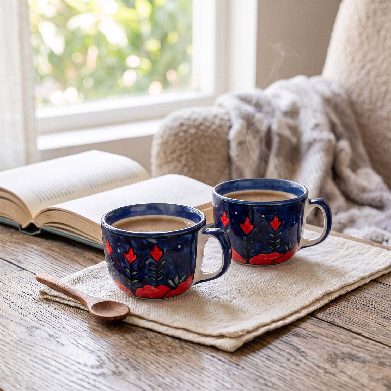 Floral Ceramic Soup Bowl Style Mug Set, Blue