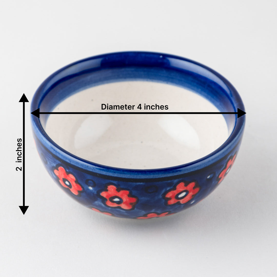 Red and Blue Floral Ceramic Bowl / Katori Set of 2