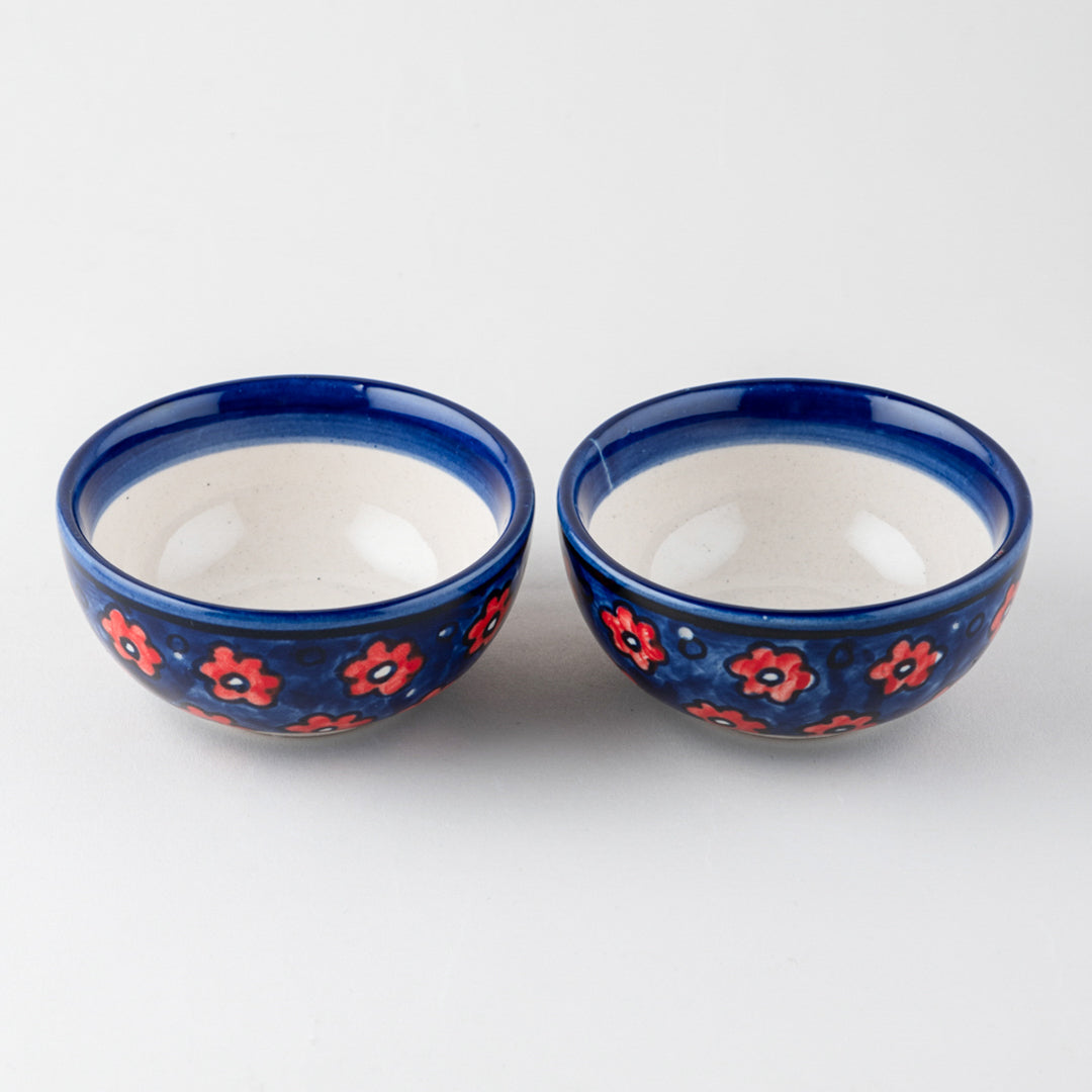 Red and Blue Floral Ceramic Bowl / Katori Set of 2