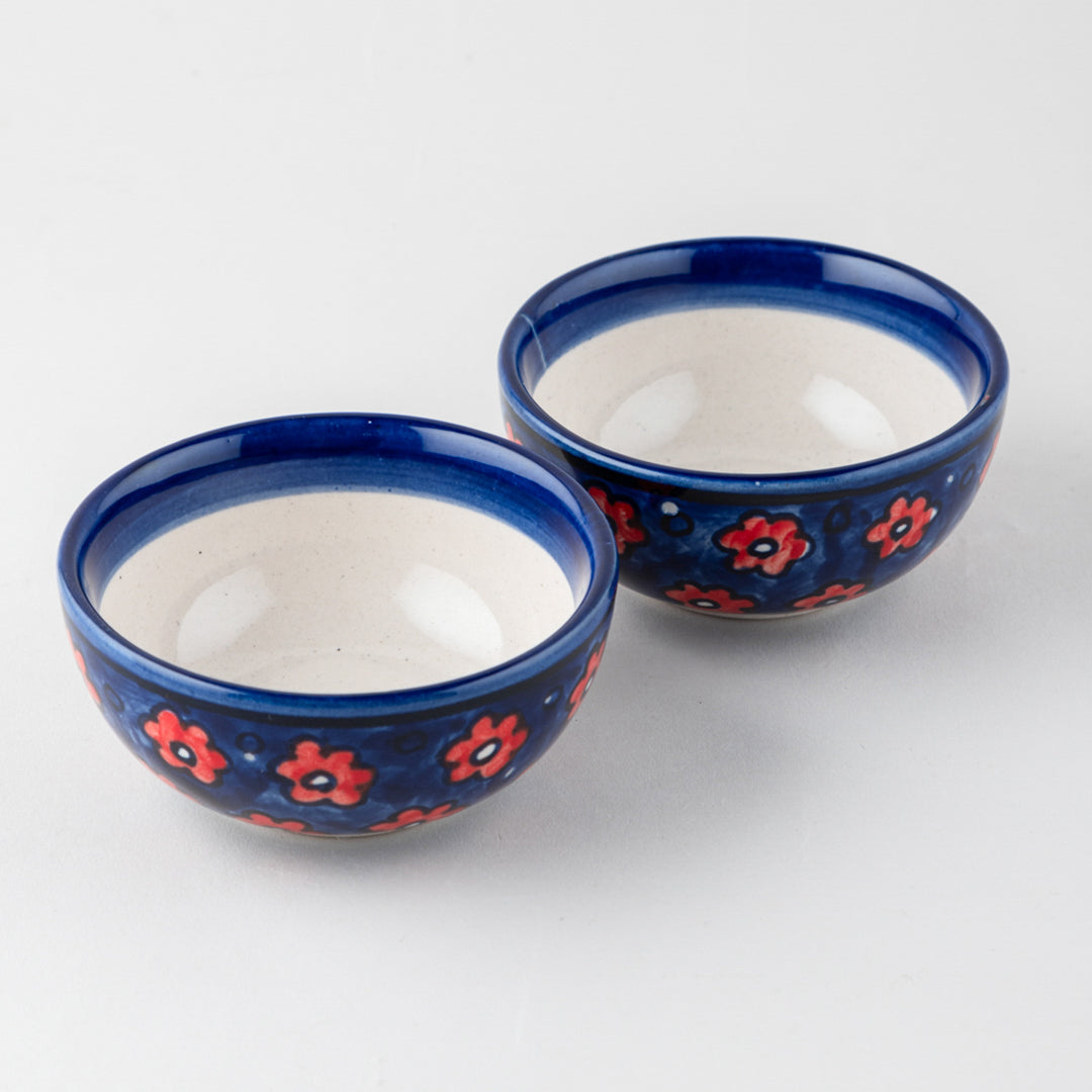 Red and Blue Floral Ceramic Bowl / Katori Set of 2