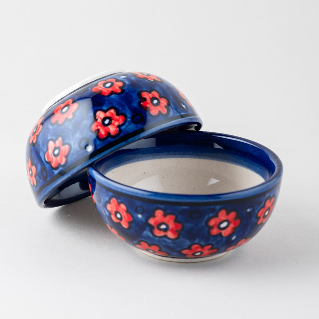 Red and Blue Floral Ceramic Katori Bowl / Portion Bowl