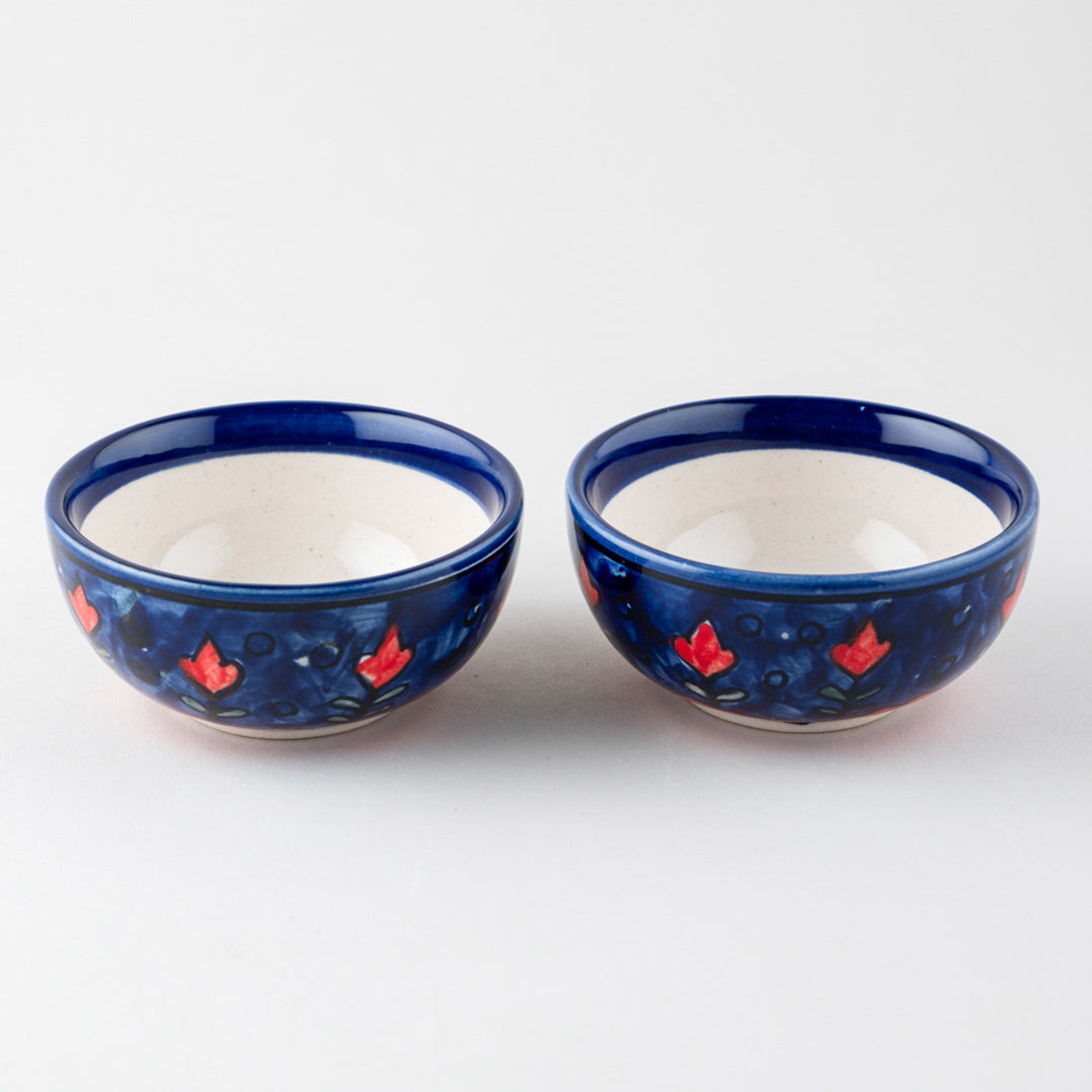 Blooming Plants Red and Blue Ceramic Bowl / Katori Set of 2