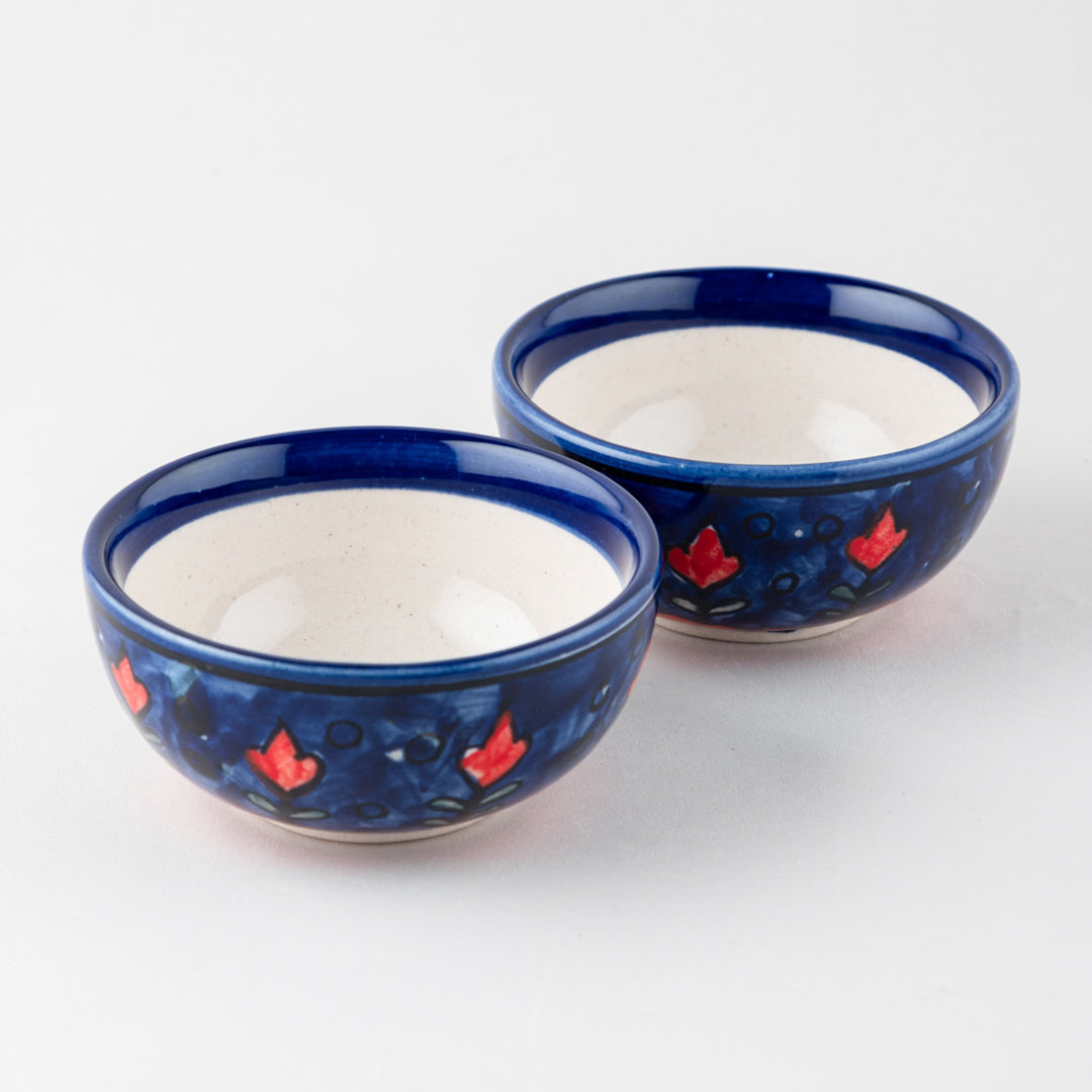 Blooming Plants Red and Blue Ceramic Bowl / Katori Set of 2