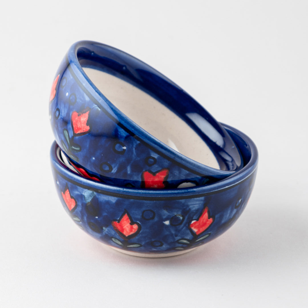 Blooming Plants Red and Blue Ceramic Bowl / Katori Set of 2