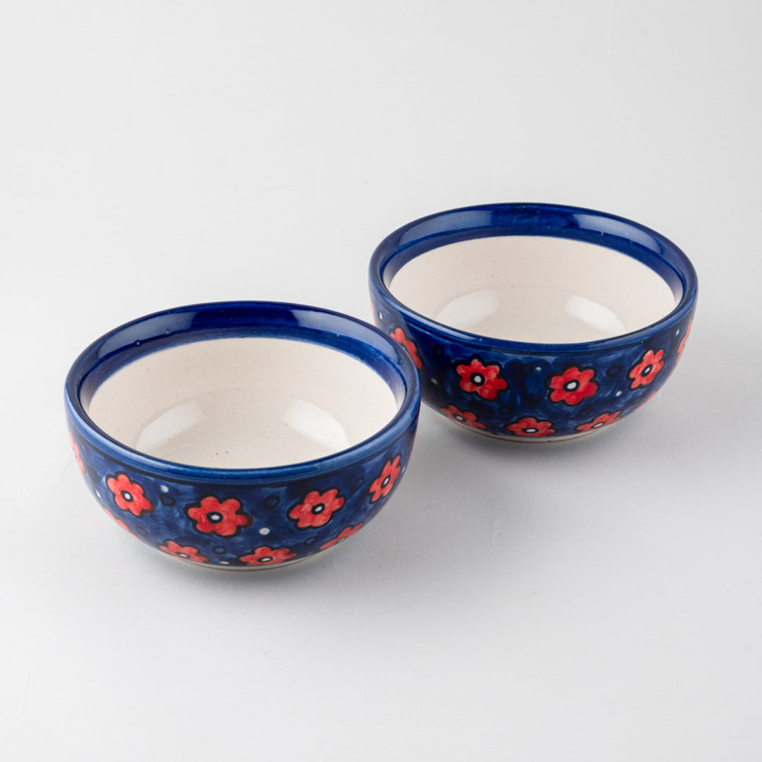 Red and Blue Floral Ceramic Bowl Set of 2 (5 inches)