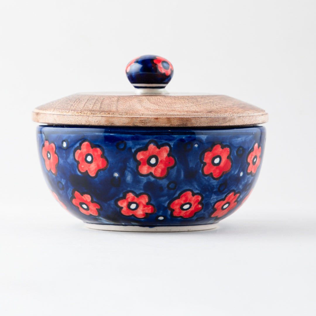 Red and Blue Ceramic Serving Bowl with Lid (Small)- Set of 2