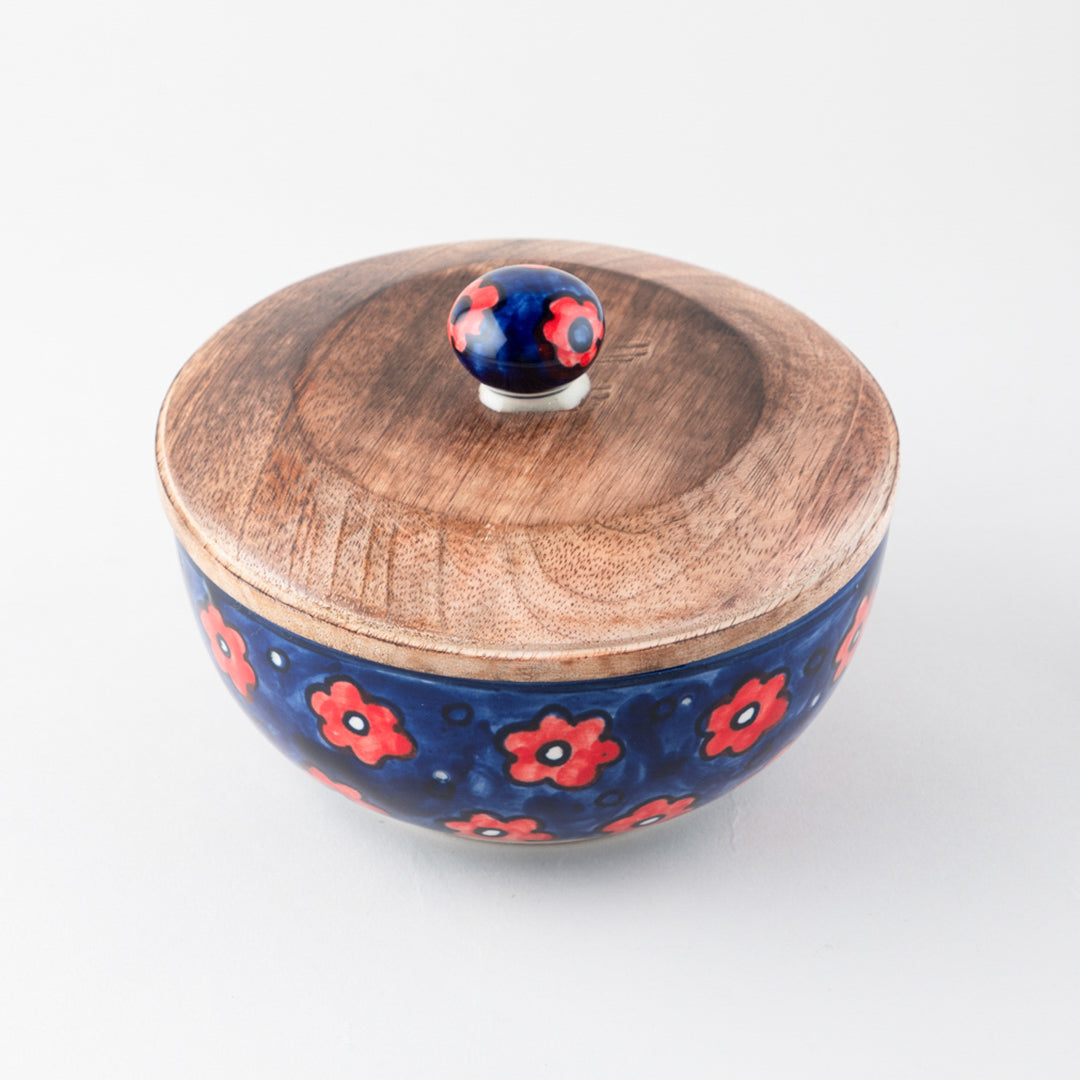 Red and Blue Ceramic Serving Bowl with Lid (Small)- Set of 2