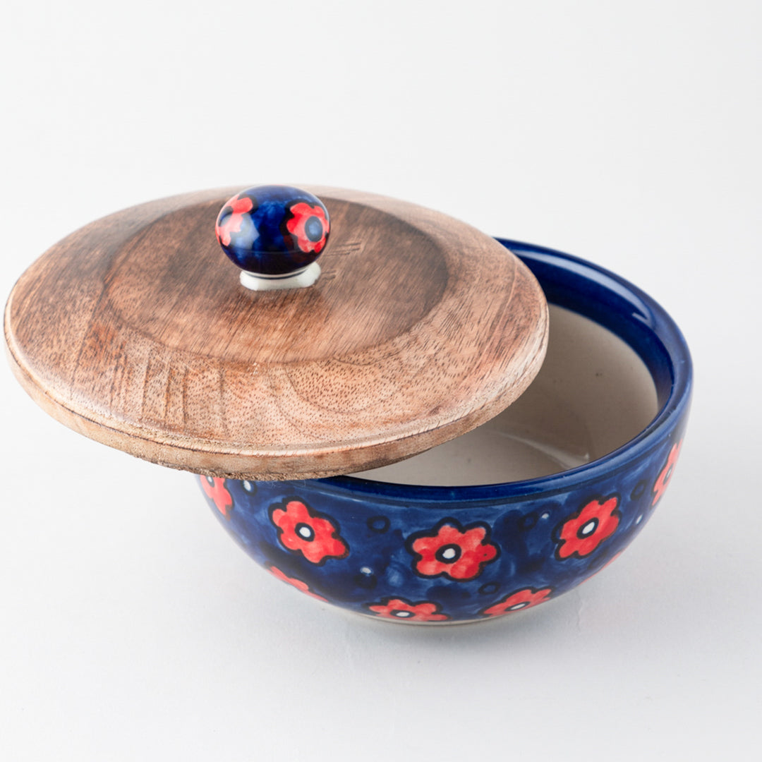 Red and Blue Ceramic Serving Bowl with Lid (Small)- Set of 2