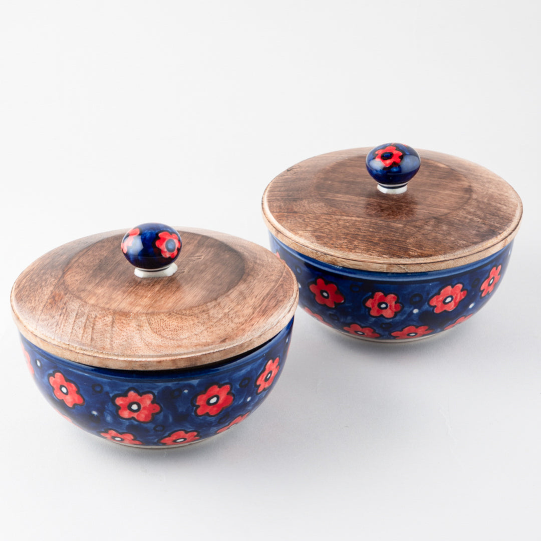 Red and Blue Ceramic Serving Bowl with Lid (Small)- Set of 2