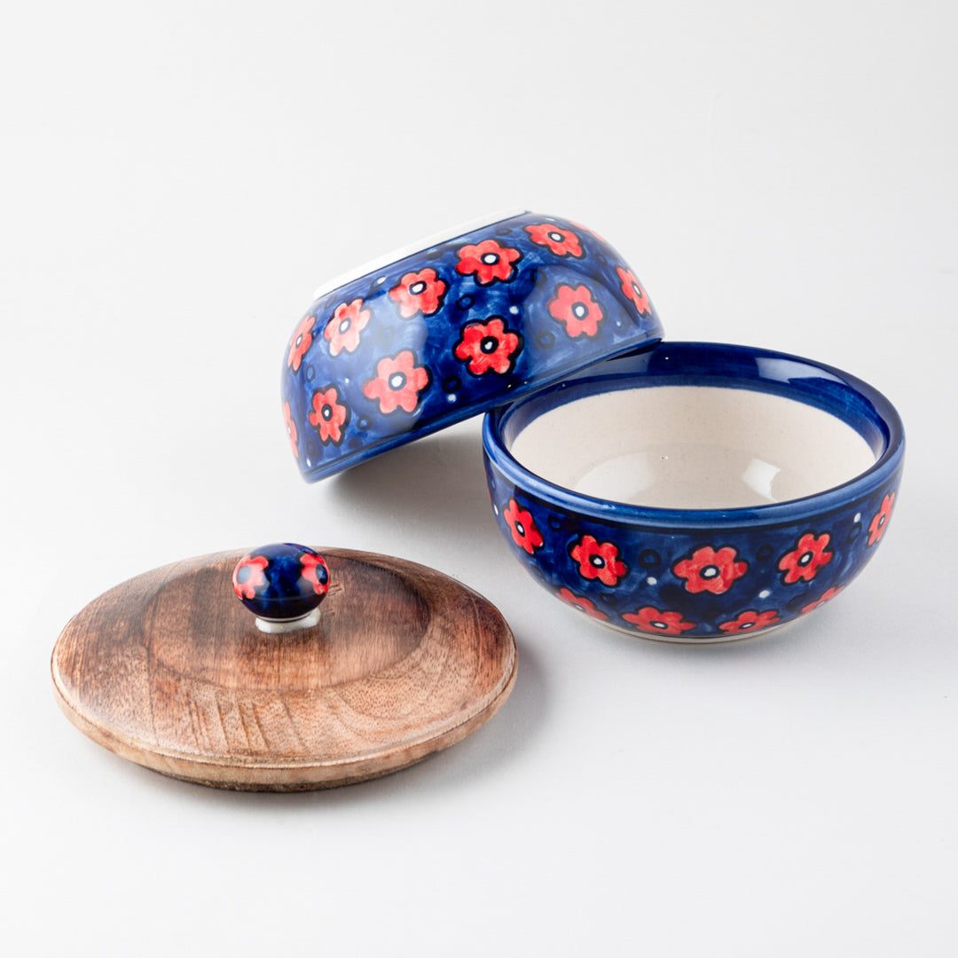 Red and Blue Ceramic Serving Bowl with Lid (Small)- Set of 2