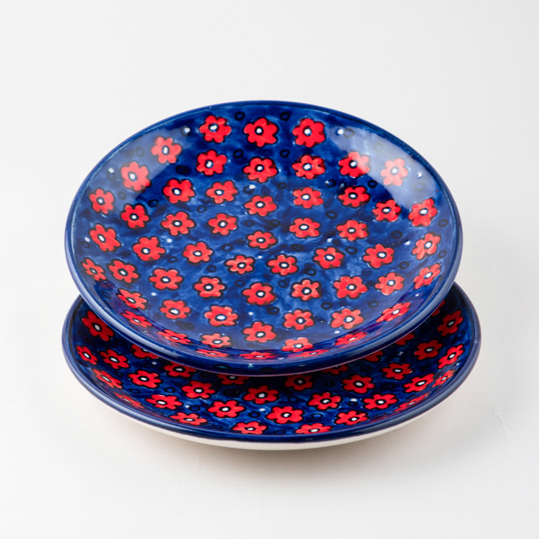 Red and Blue Floral Hand Painted Ceramic Breakfast Plates 8 Inch Set of 2