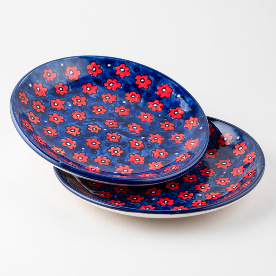 Red and Blue Floral Hand Painted Ceramic Breakfast Plates 8 Inch Set of 2