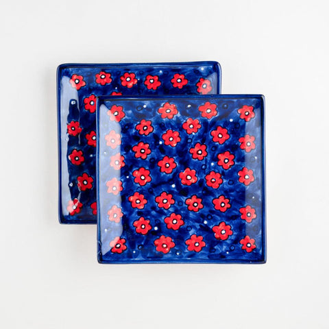 Floral Ceramic Square Serving Platter Set of 2, Blue - Eyaas