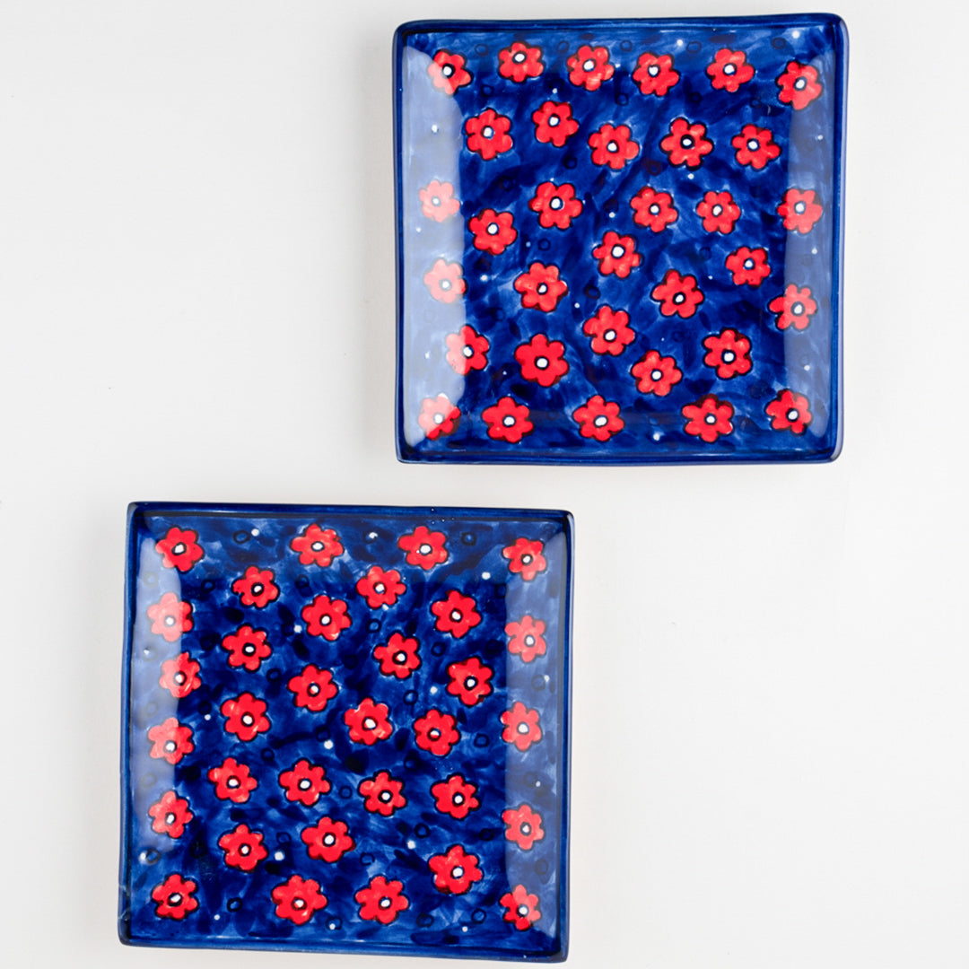 Red and Blue Floral Ceramic Square Serving Platter Set of 2