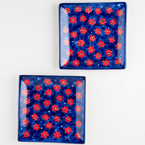 Floral Ceramic Square Serving Platter Set of 2, Blue - Eyaas